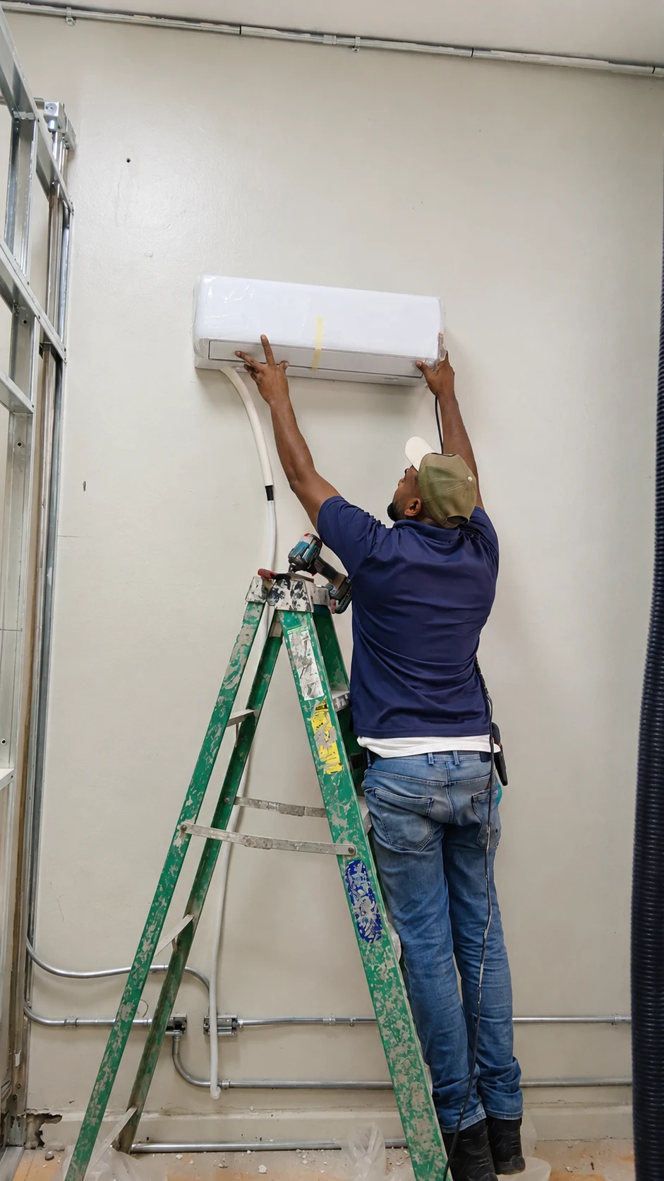 Trabajador ajusta una unidad de aire acondicionado blanca instalada en una pared junto a una escalera verde.
